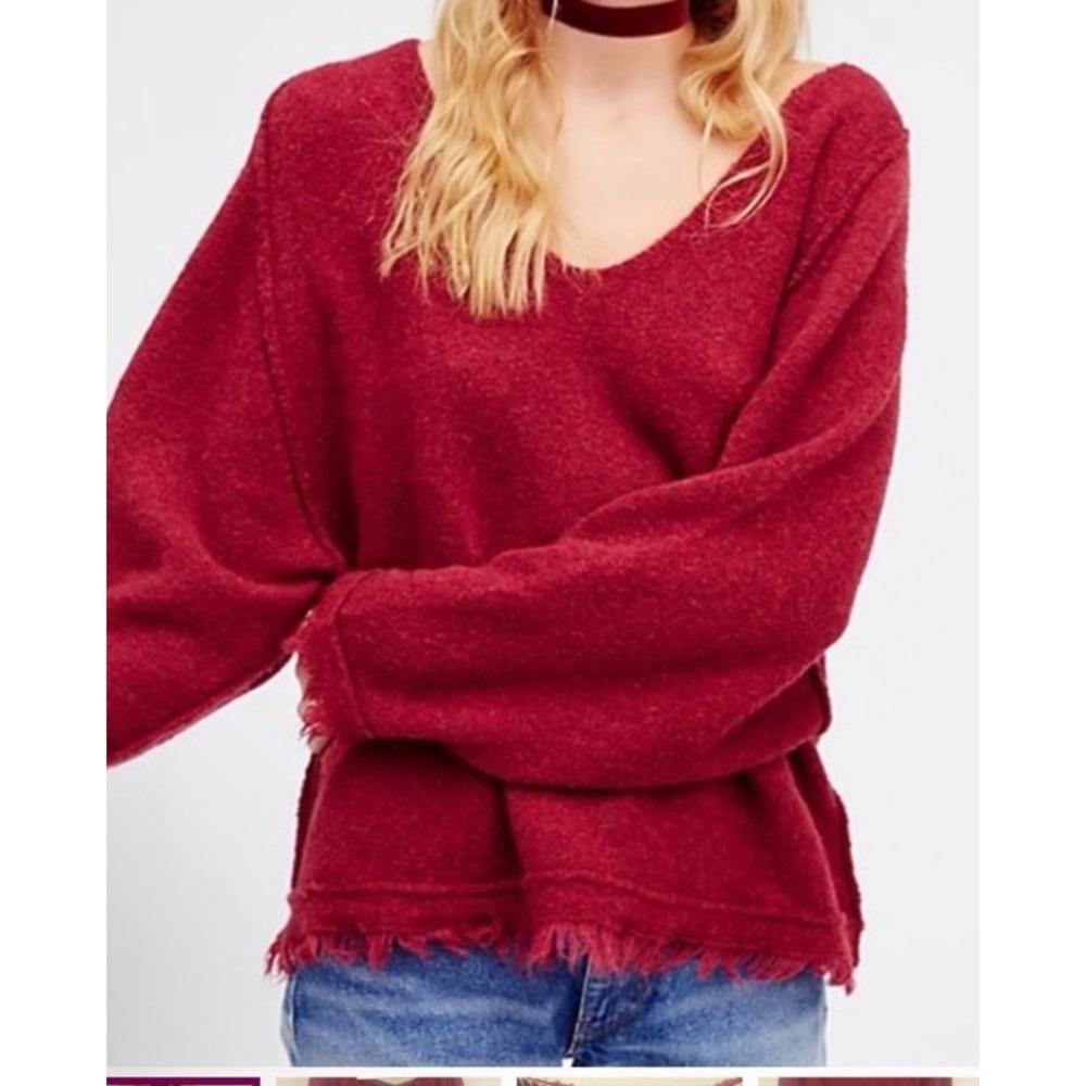 Free People Boho Sweater XS Red V Neck Knit Fringe Hem Wool Linen Oversized